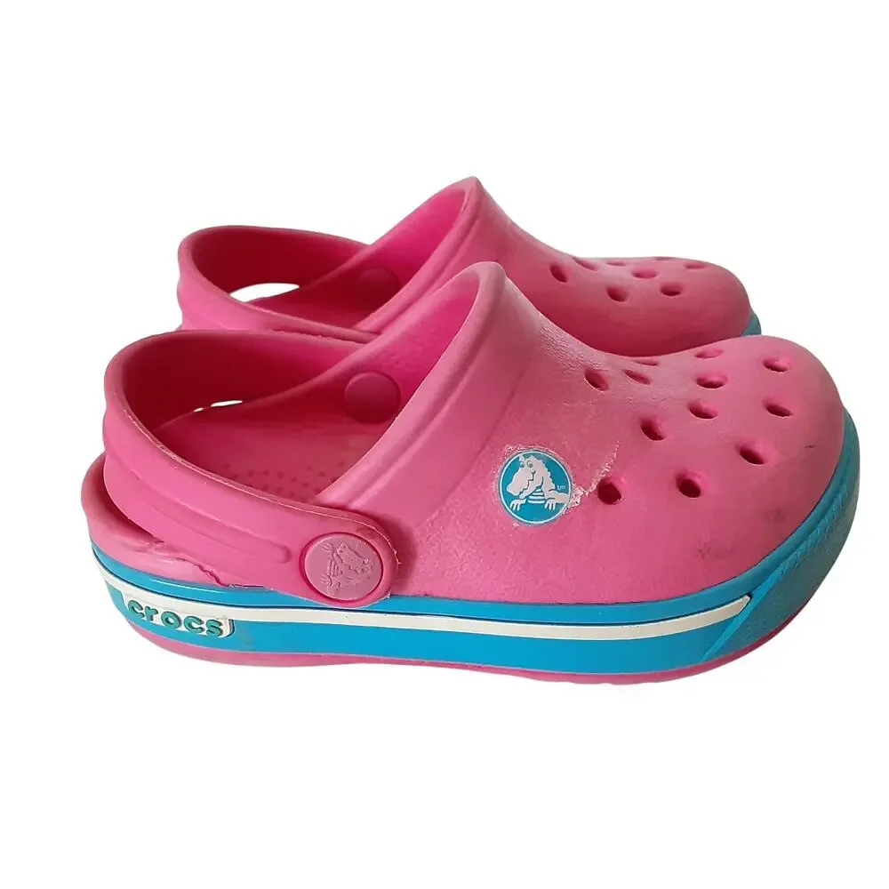 Crocs Crocband Clogs Toddler 4/5 Hot Pink Blue Stripe Retro Water Shoes Summer